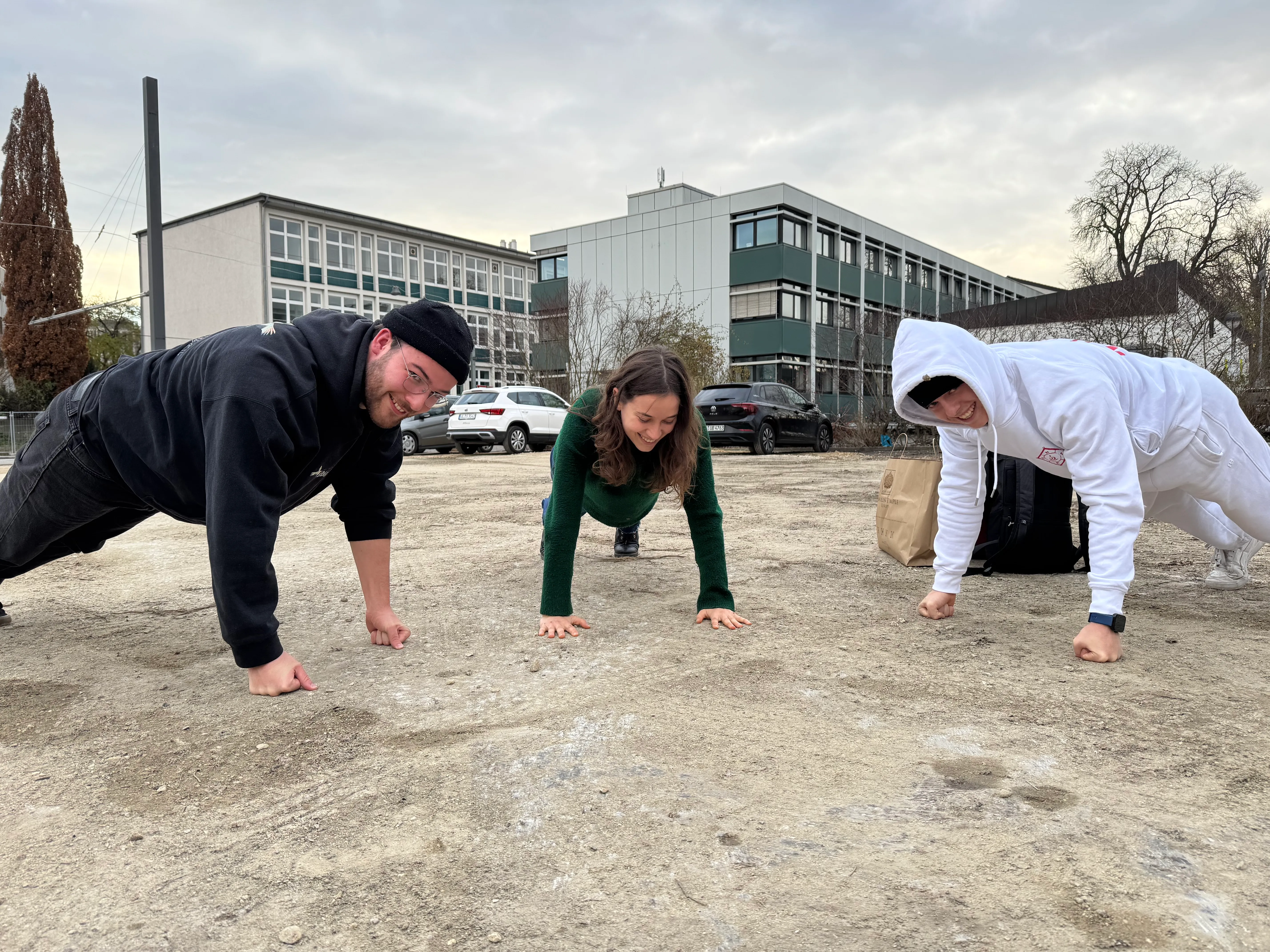 Push-ups in a highway parking lot